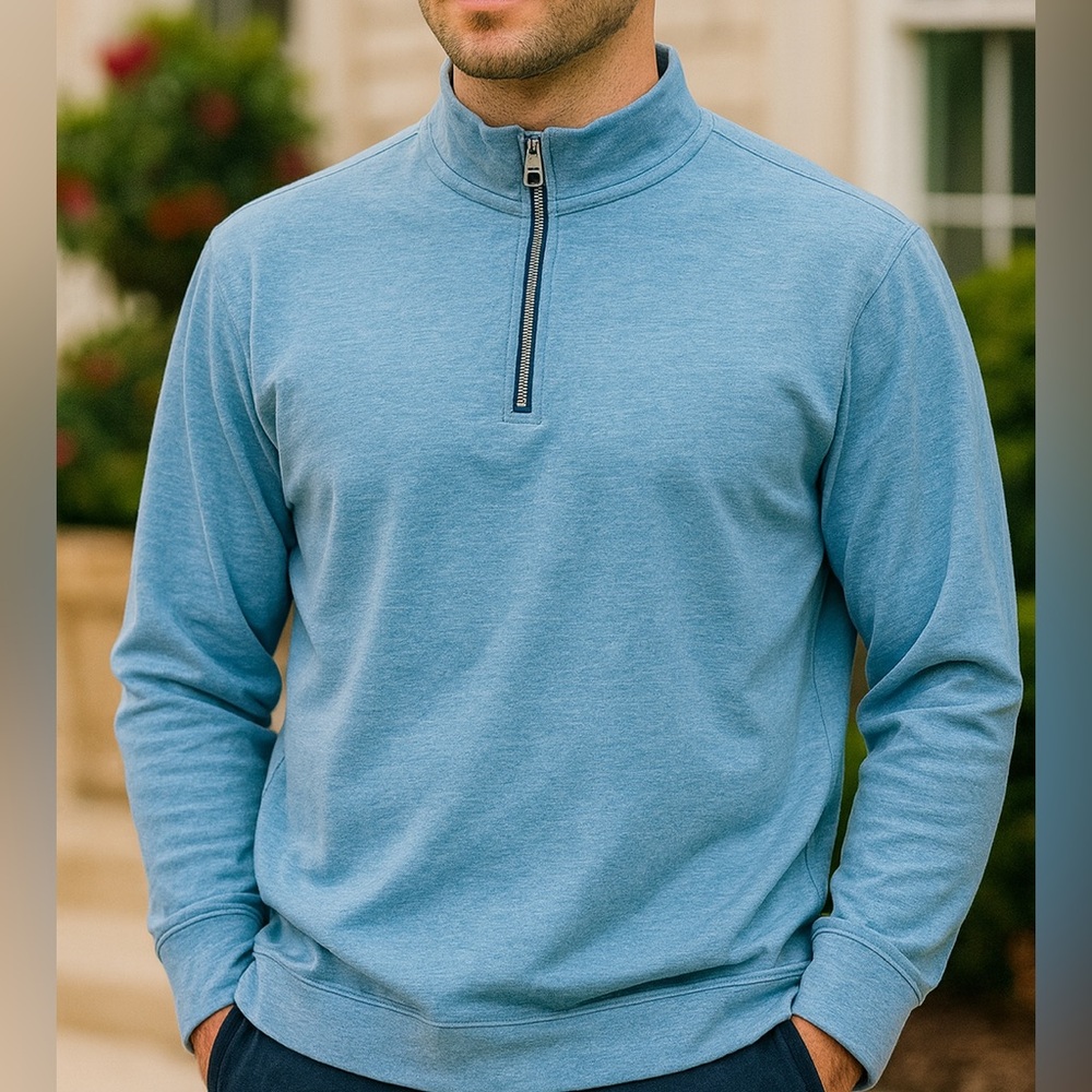 Peter Millar Crown Comfort 100% Cotton Light Blue Quarter-Zip Pullover Large